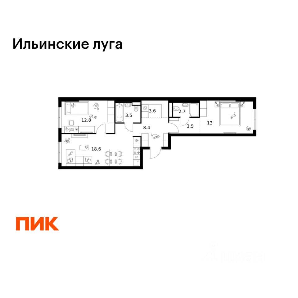 2-комн. квартира, 66,1 м², в ЖК «Ильинские луга»