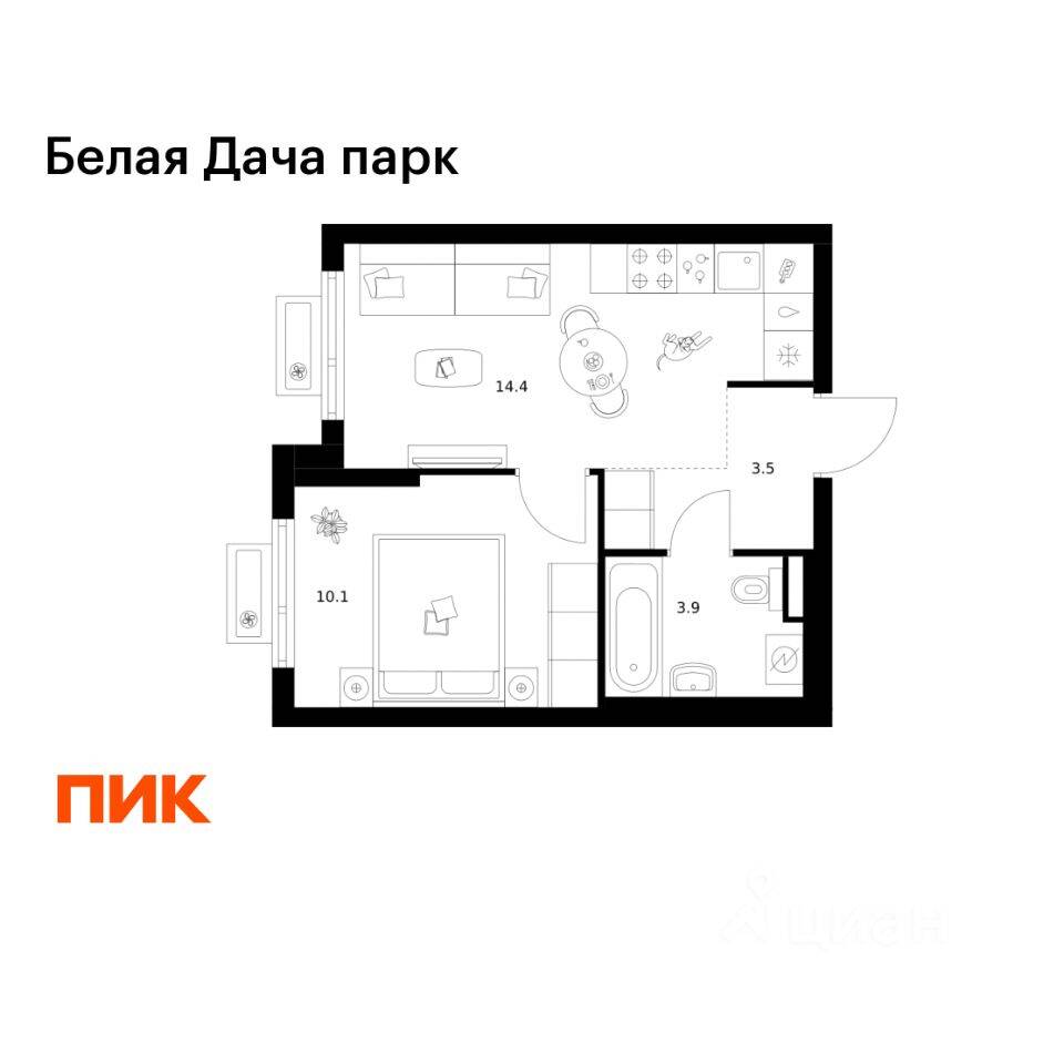 1-комн. квартира, 31,9 м², в ЖК «Белая Дача парк»