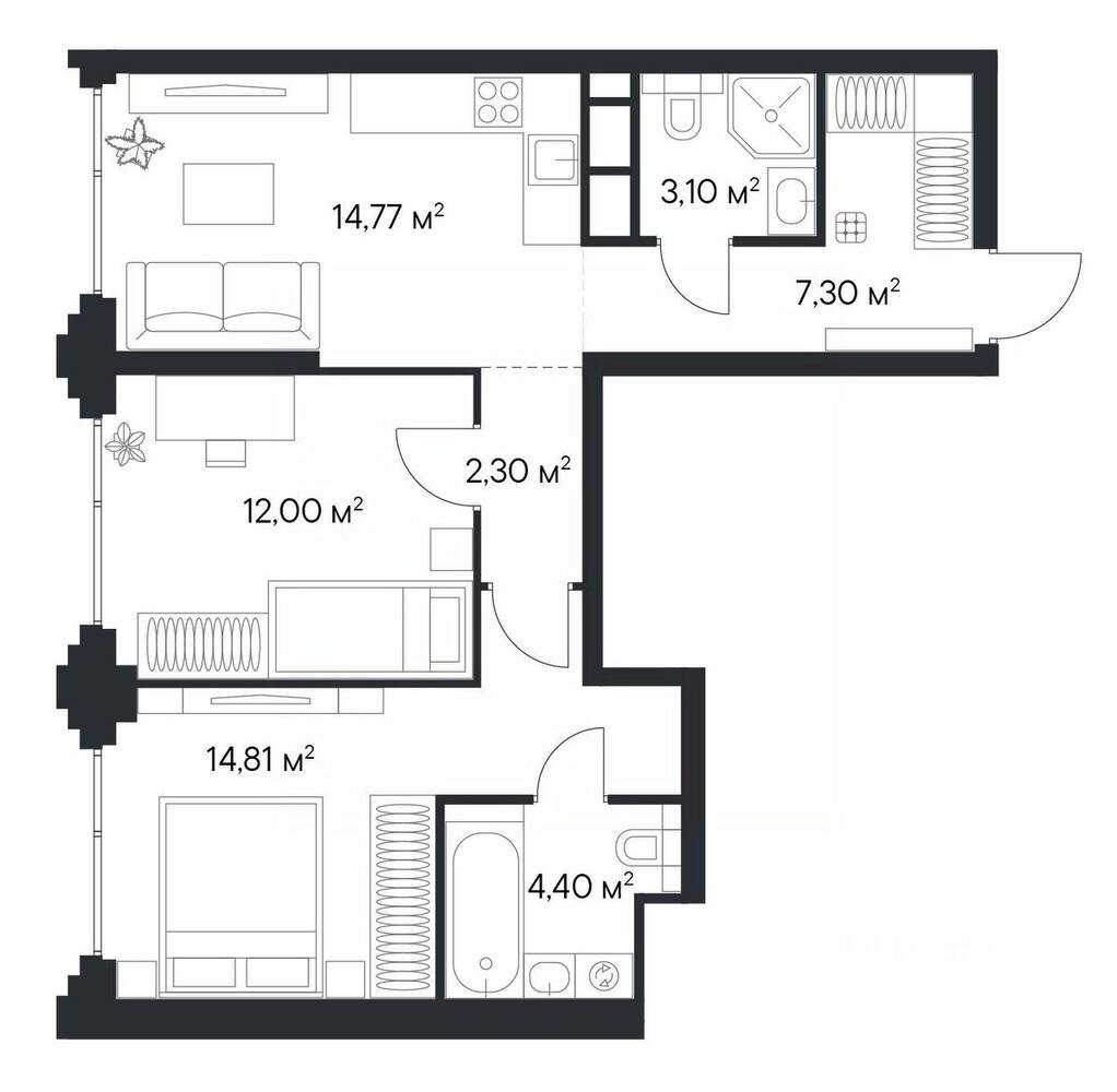 2-комн. квартира, 58,84 м², в ЖК 1-й Нагатинский