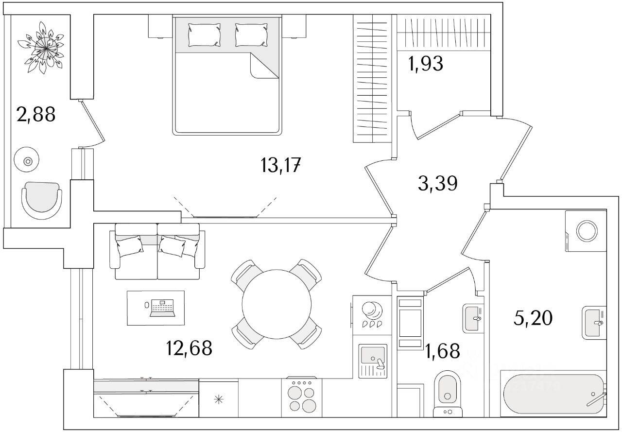 1-комн. квартира, 39,49 м², в ЖК Кинопарк