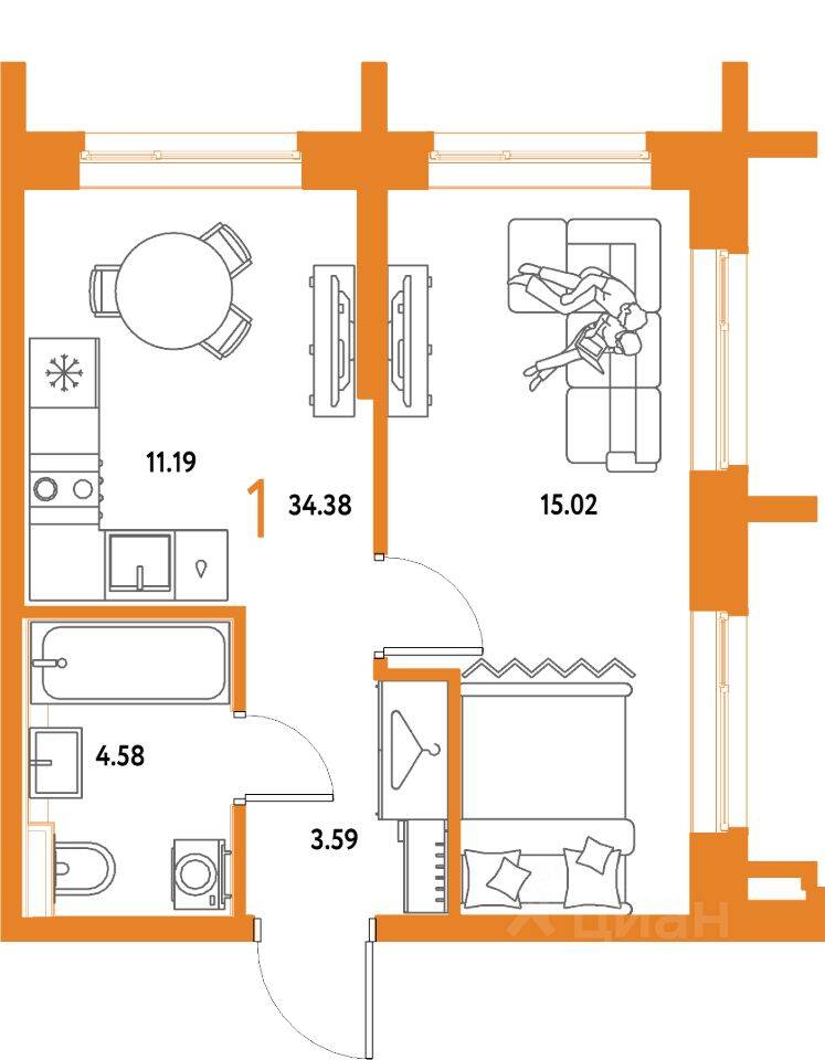 1-комн. квартира, 34,38 м², в ЖК Страна.Парковая