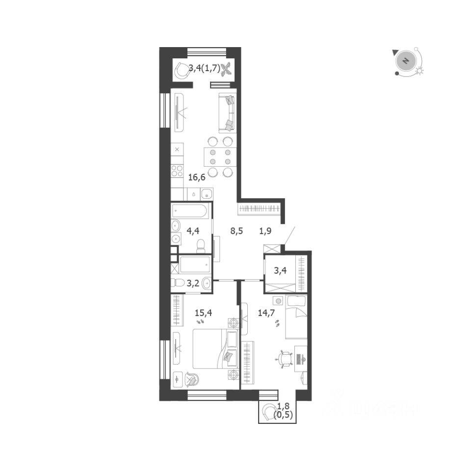 2-комн. квартира, 70,3 м², в ЖК Жилой квартал Shagal