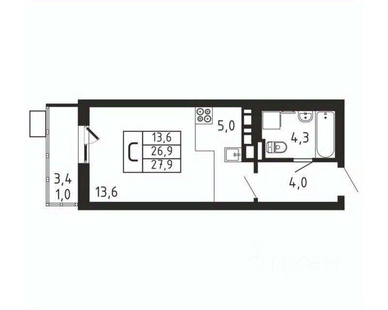 Квартира-студия, 27,9 м², в ЖК «Пироговская Ривьера»