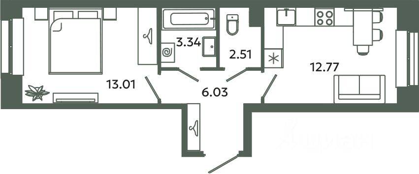 1-комн. квартира, 37,66 м², в ЖК Загляденье