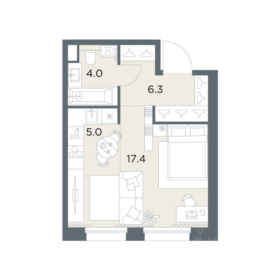 Планировка 1 комнатной квартиры, 32.7 м², в «Станиславский»