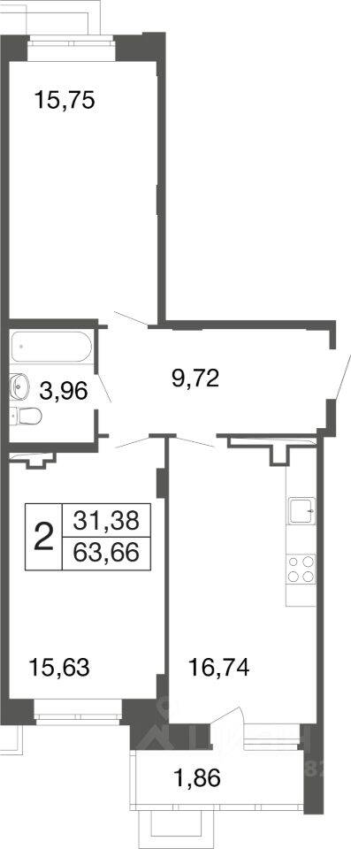2-комн. квартира, 63,7 м², в ЖК «Времена года»