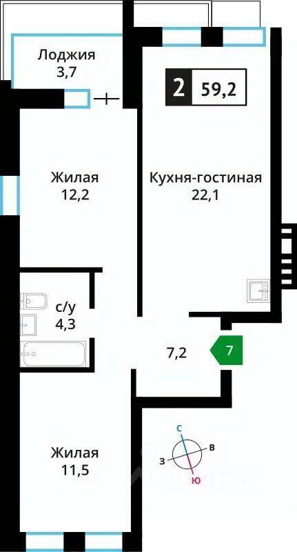 2-комн. квартира, 57,5 м², в ЖК Лесная Отрада