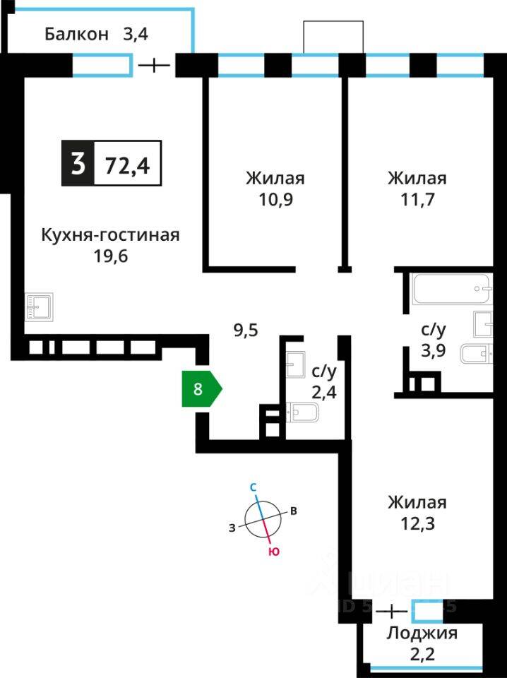 3-комн. квартира, 70,9 м², в ЖК Лесная Отрада