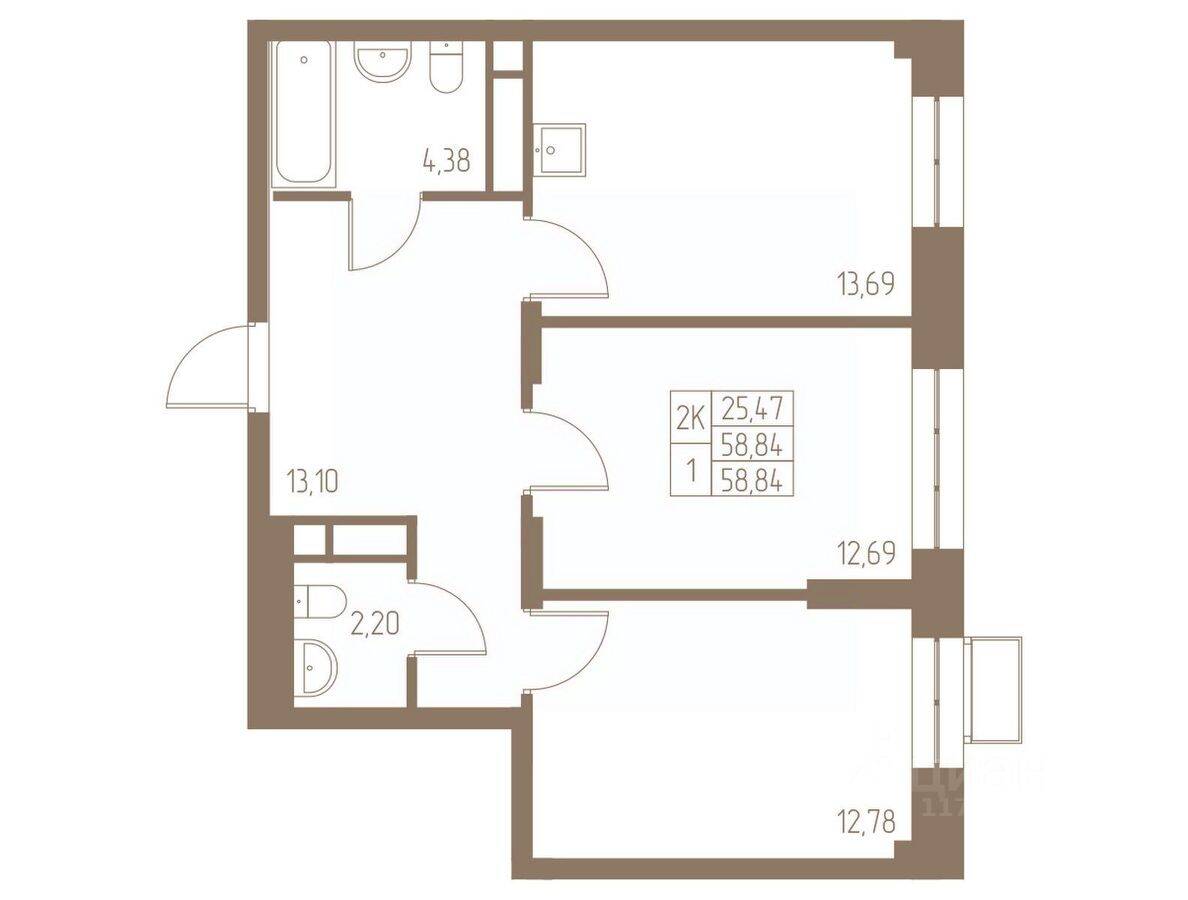2-комн. квартира, 58,84 м², в ЖК Фабрикант
