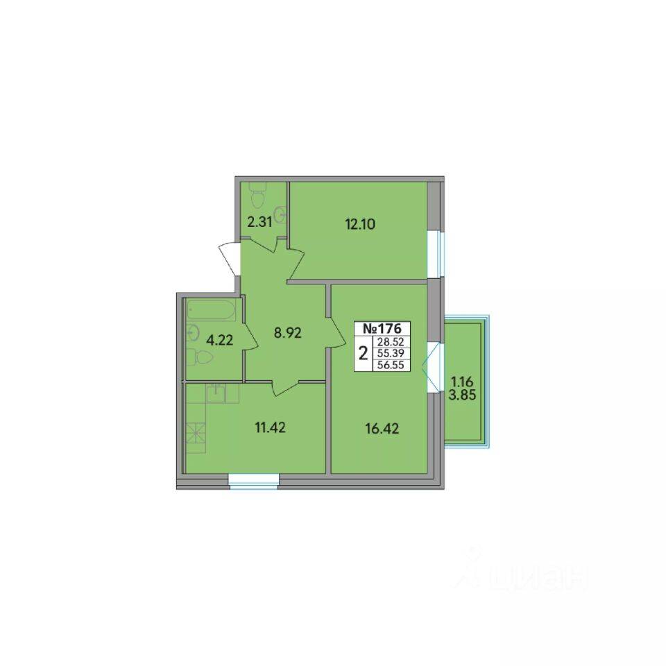 2-комн. квартира, 56,55 м², в ЖК Рождественский квартал