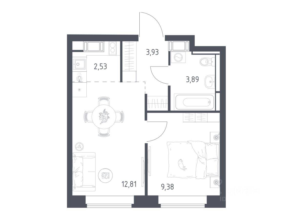 Планировка 1 комнатной квартиры, 32.54 м², в «Большое Путилково»