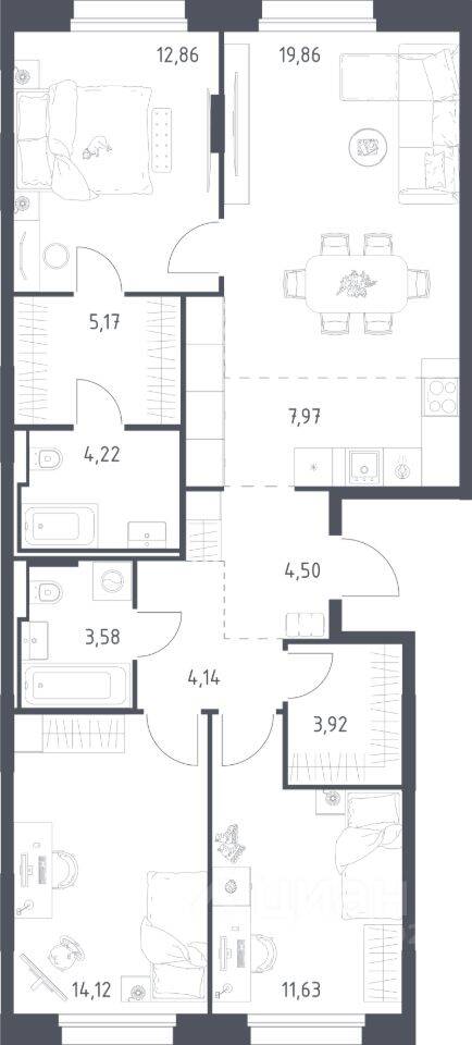 3-комн. квартира, 91,97 м², в ЖК Заречье Парк