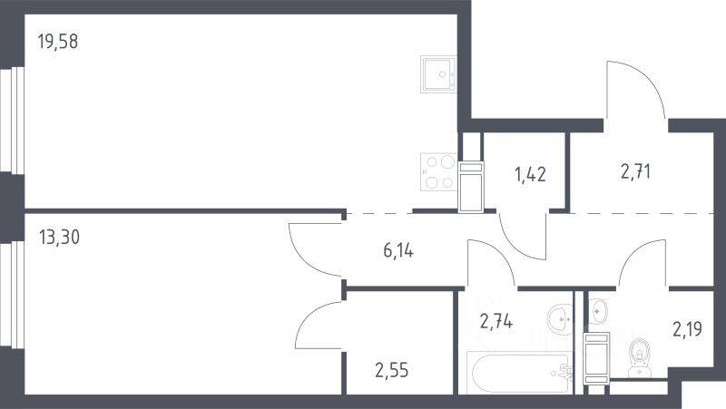 1-комн. квартира, 50,63 м², в ЖК Квартал Торики