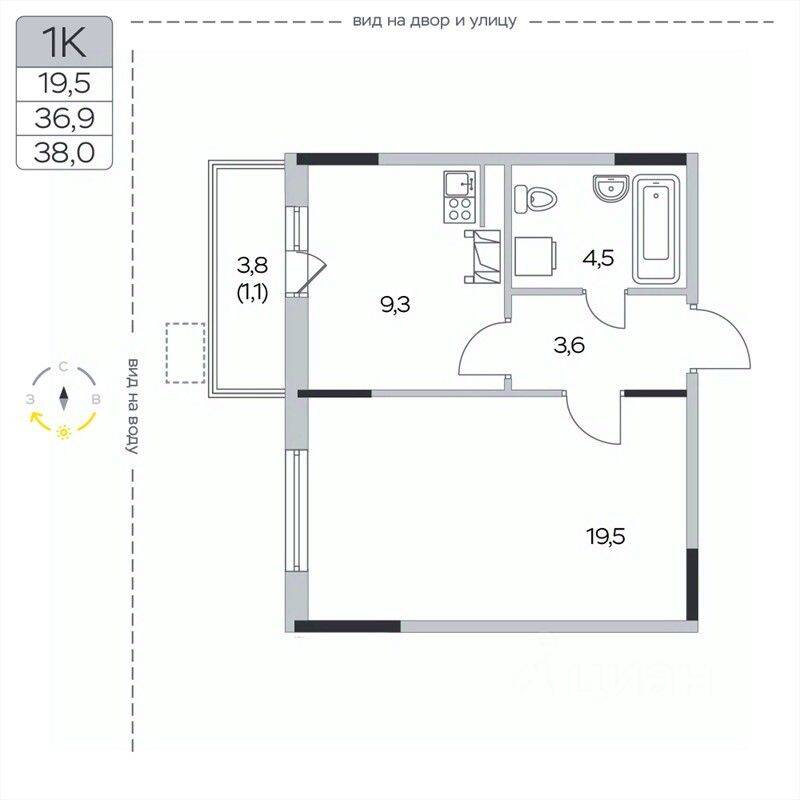 1-комн. квартира, 38 м², в ЖК «Пироговская Ривьера»