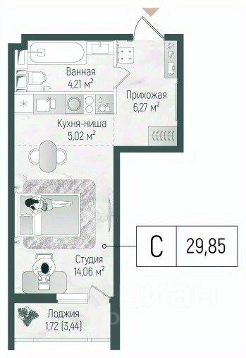 Квартира-студия, 31,28 м², в ЖК Riga Hills