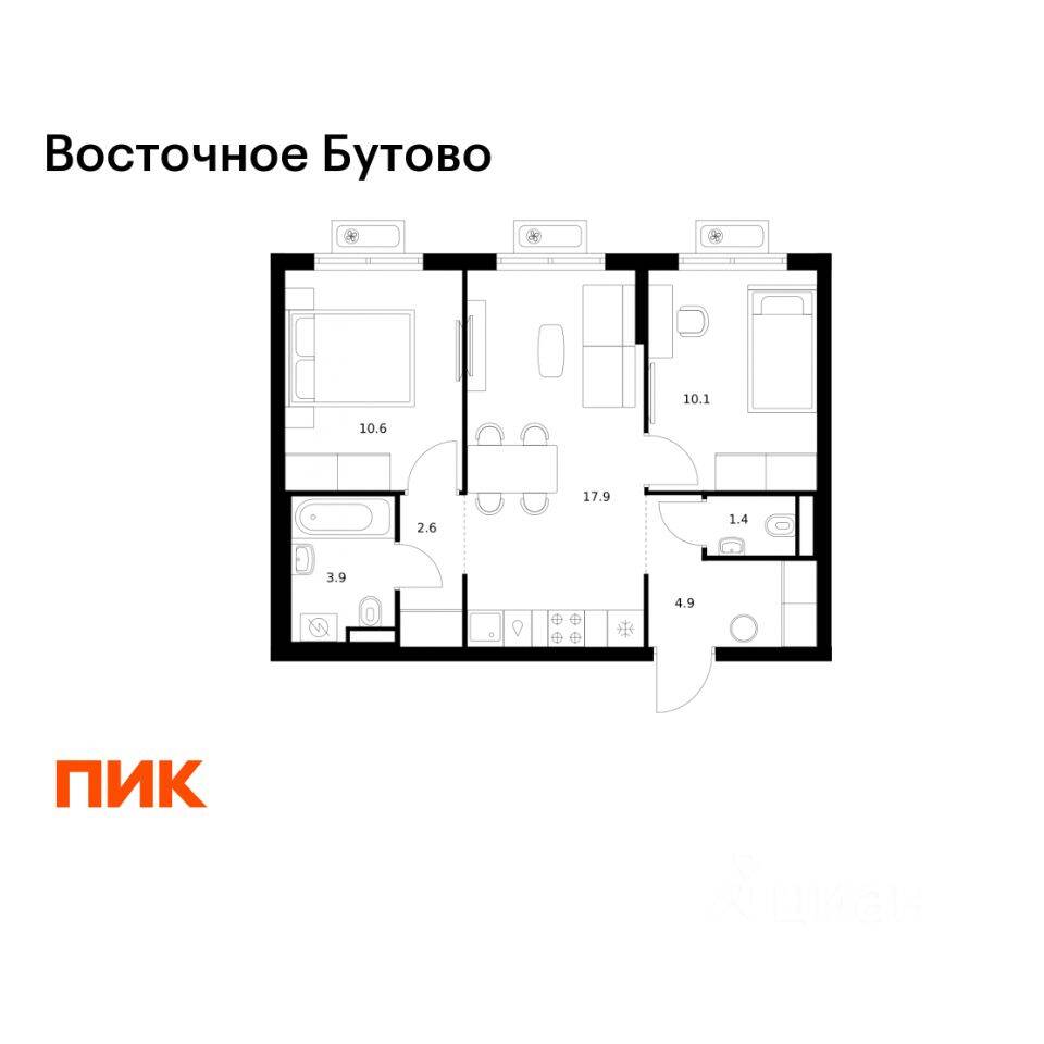 2-комн. квартира, 51,4 м², в ЖК «Восточное Бутово»