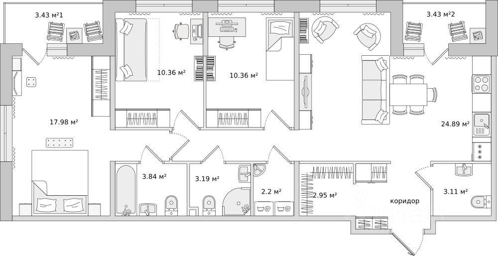 3-комн. квартира, 95,48 м², в ЖК ЦДС «Dreamline»