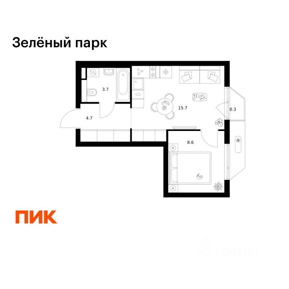 1-комн. квартира, 33 м², в ЖК Зеленый парк