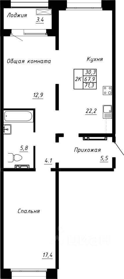 2-комн. квартира, 71,3 м², в ЖК Сибирь