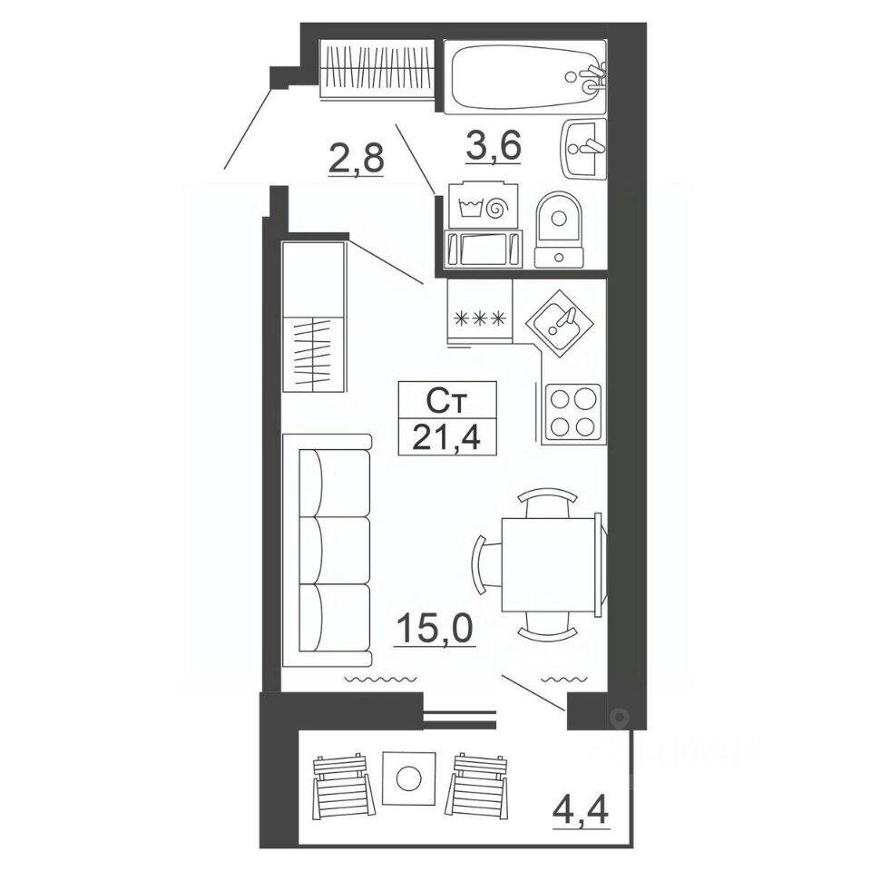 Квартира-студия, 21,4 м², в ЖК Рубеж