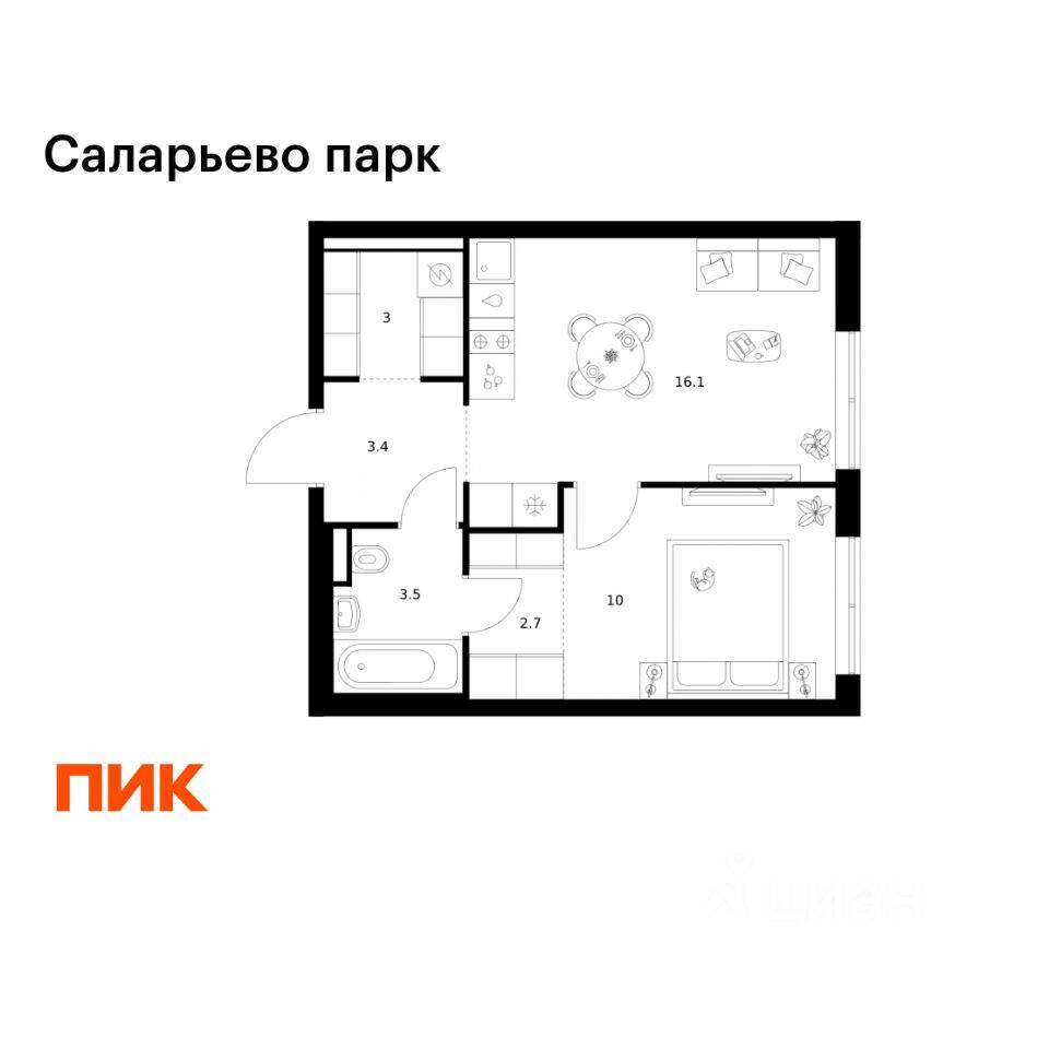 1-комн. квартира, 38,7 м², в ЖК «Саларьево парк»