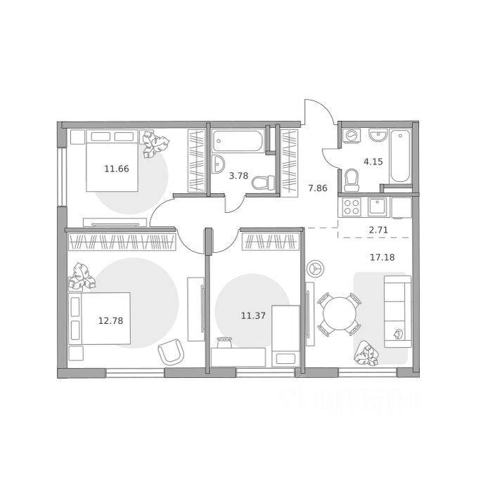 4-комн. квартира, 71,49 м², в ЖК Аникеевский