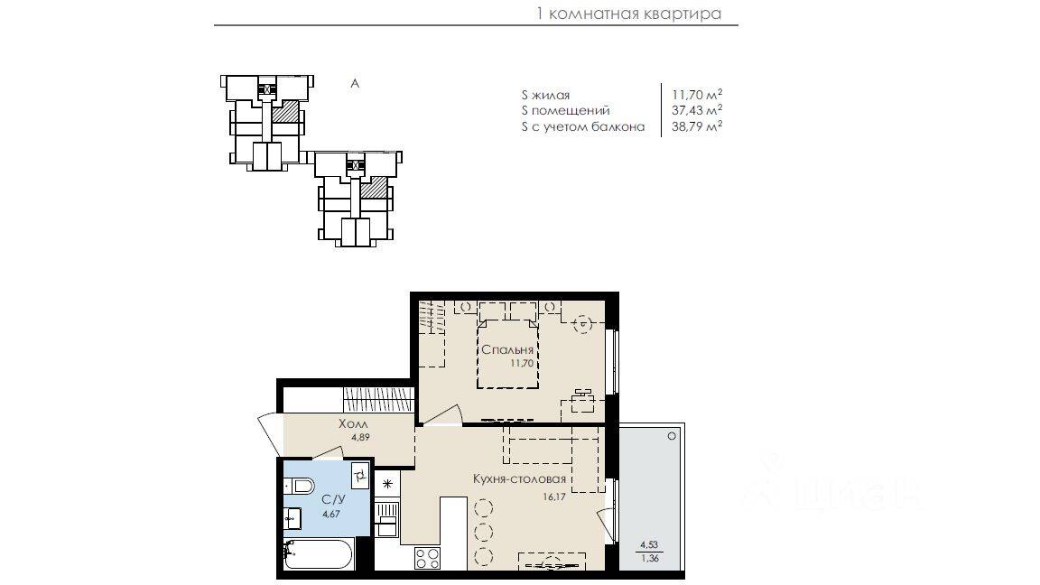 Планировка 1 комнатной квартиры, 38.6 м², в «Новая Дубровка»