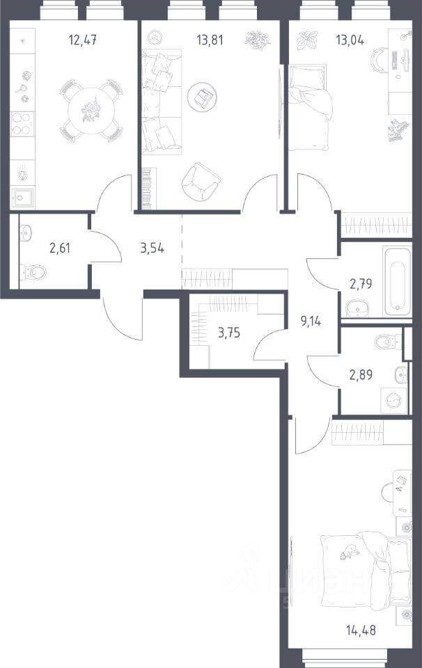 3-комн. квартира, 77,1 м², в ЖК «Пригород Лесное»