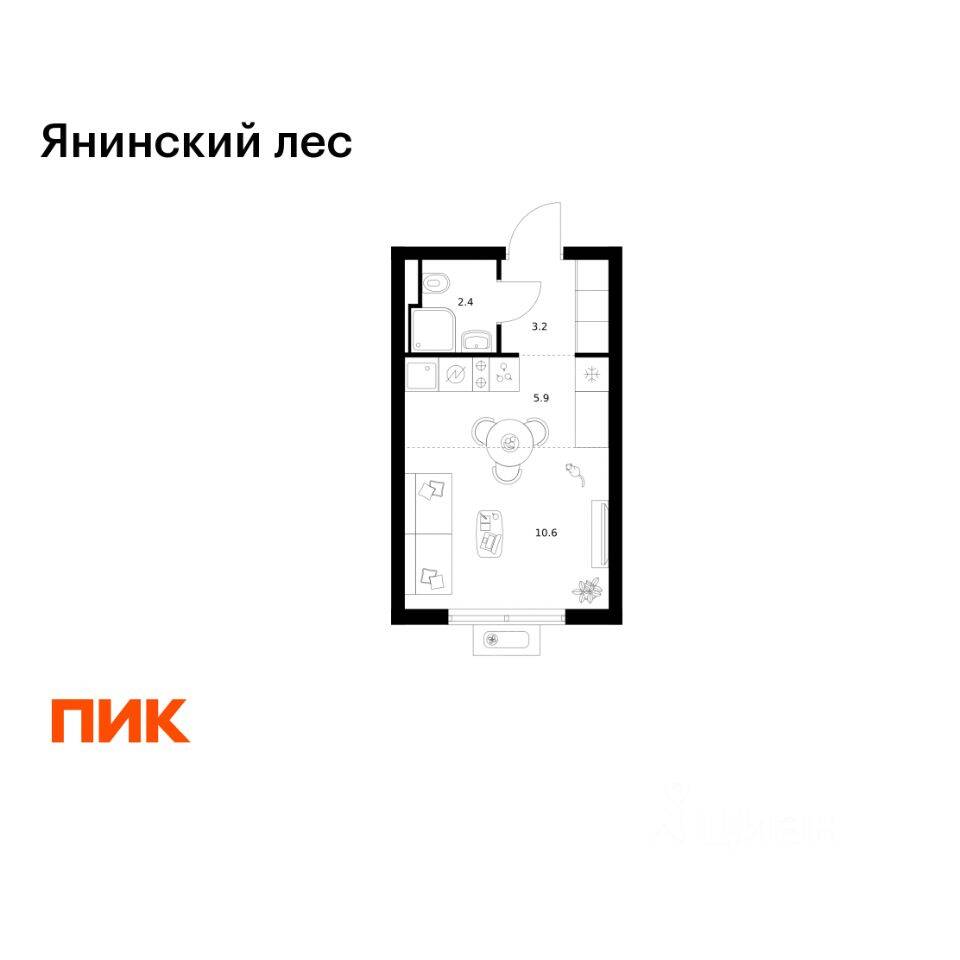 Квартира-студия, 22,1 м², в ЖК Янинский лес
