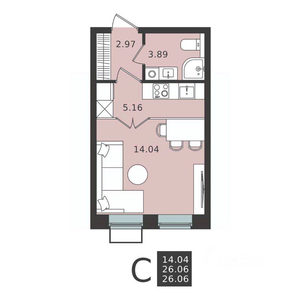 Квартира-студия, 26,06 м², в ЖК Мишино-2