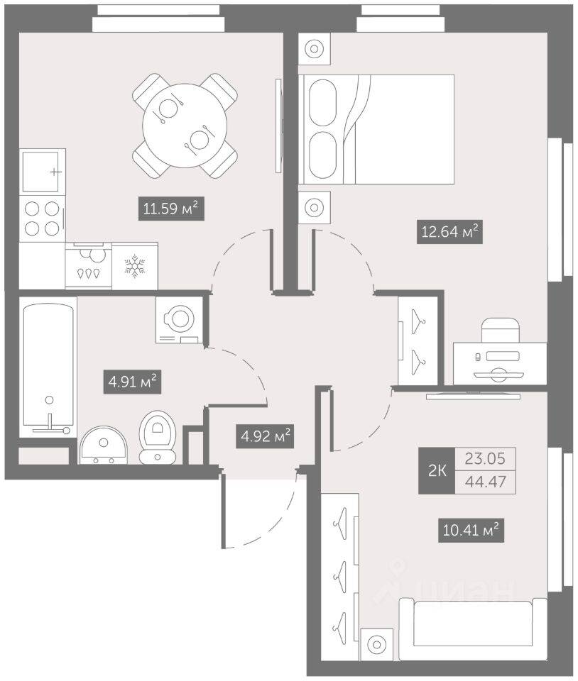 2-комн. квартира, 44,47 м², в Апарт-комплекс ZOOM на Неве