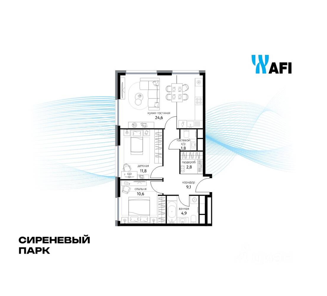 3-комн. квартира, 65,4 м², в МФК «Сиреневый парк»