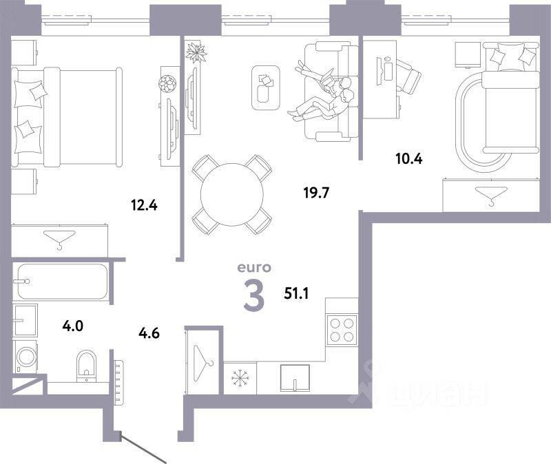 3-комн. квартира, 51,1 м², в ЖК Страна.Заречная