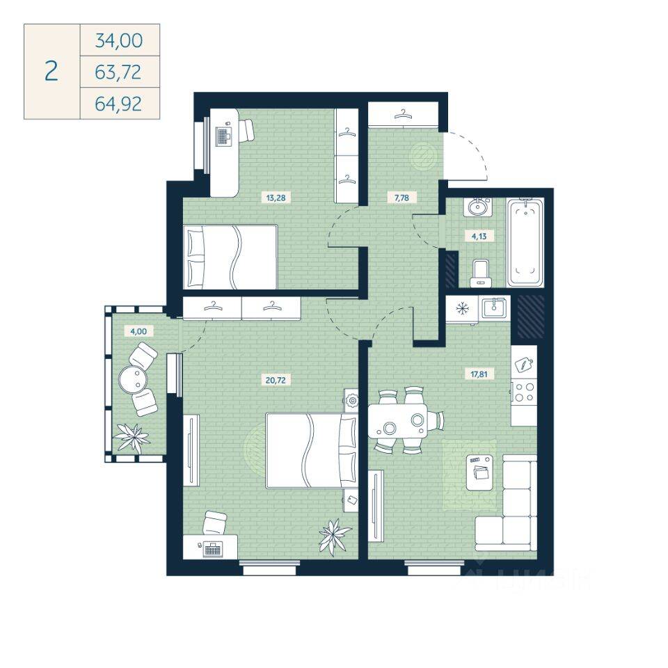 2-комн. квартира, 63,72 м², в ЖК Belevsky Club