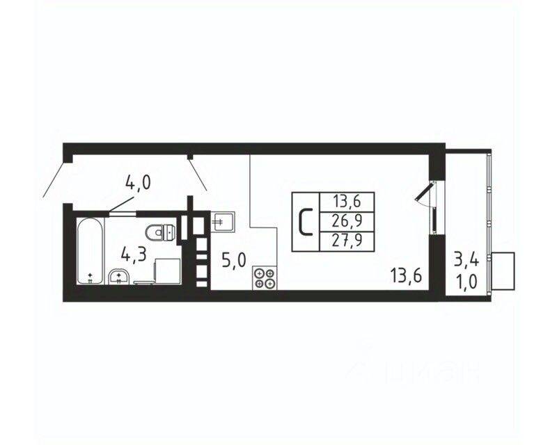 Квартира-студия, 27,9 м², в ЖК «Пироговская Ривьера»