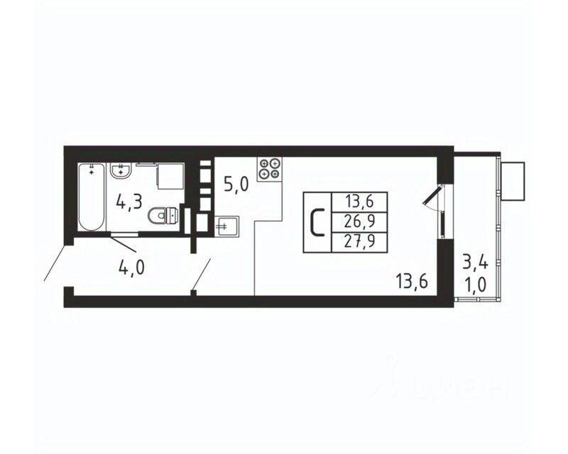 Квартира-студия, 27,9 м², в ЖК «Пироговская Ривьера»
