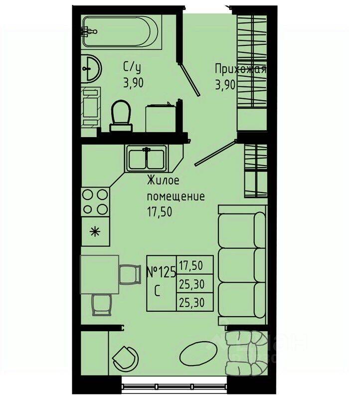 Планировка 1 комнатной квартиры, 25.3 м², в «Pixel»
