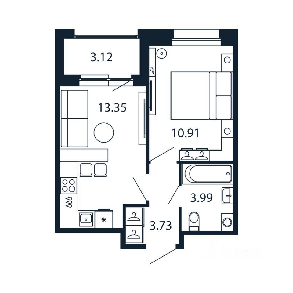 1-комн. квартира, 31,7 м², в ЖК Полис Новоселье