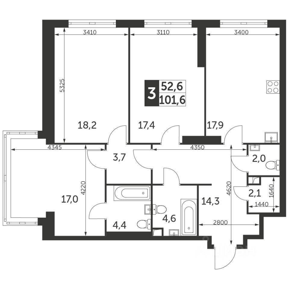 3-комн. квартира, 101,6 м², в ЖК Архитектор