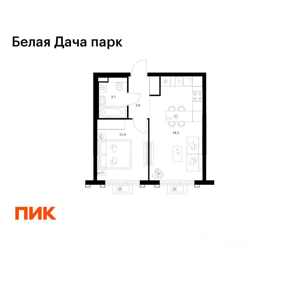 1-комн. квартира, 38,3 м², в ЖК «Белая Дача парк»