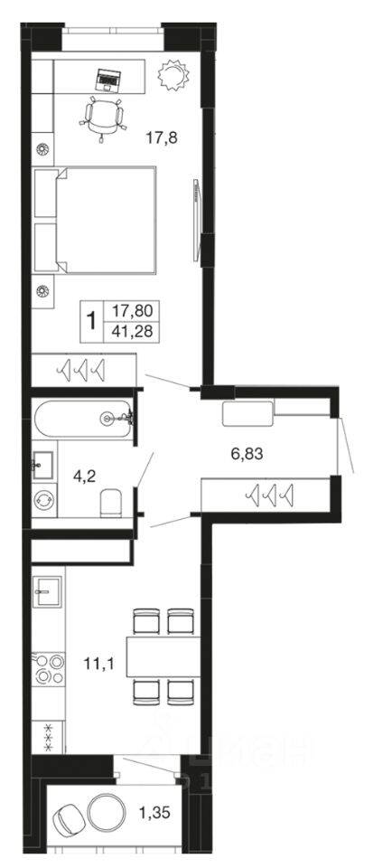 1-комн. квартира, 41,3 м², в ЖК «Времена года»