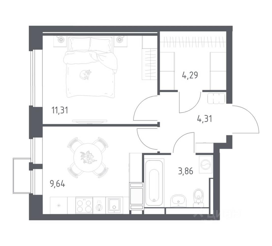 1-комн. квартира, 33,41 м², в ЖК «Большое Путилково»