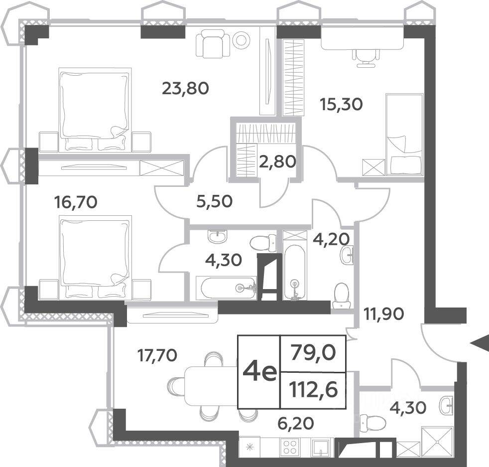 4-комн. квартира, 112,6 м², в ЖК Will Towers