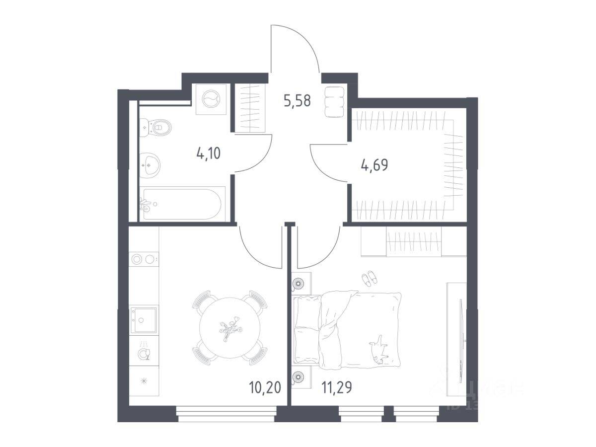 1-комн. квартира, 35,86 м², в ЖК «Пригород Лесное»