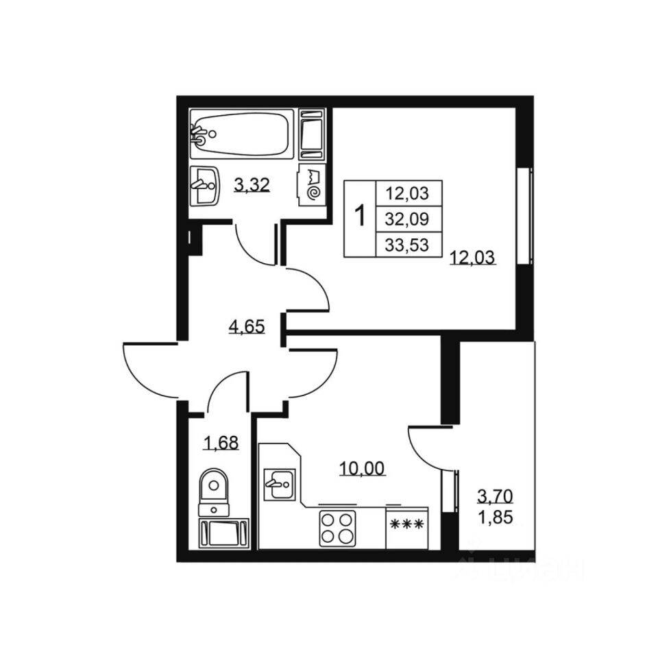 1-комн. квартира, 33,53 м², в ЖК «Высота» (Бугры)