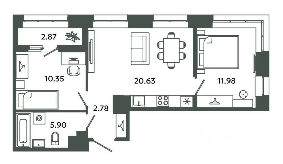2-комн. квартира, 51,64 м², в ЖК Загляденье