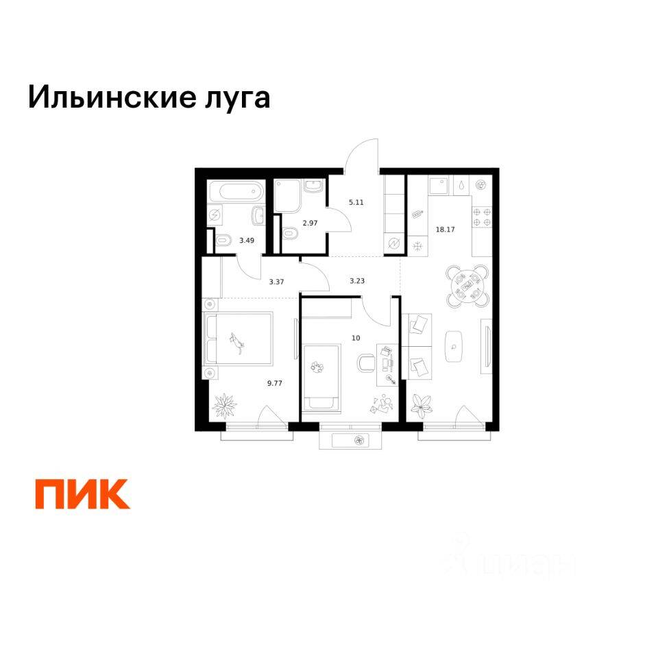 2-комн. квартира, 56,11 м², в ЖК «Ильинские луга»