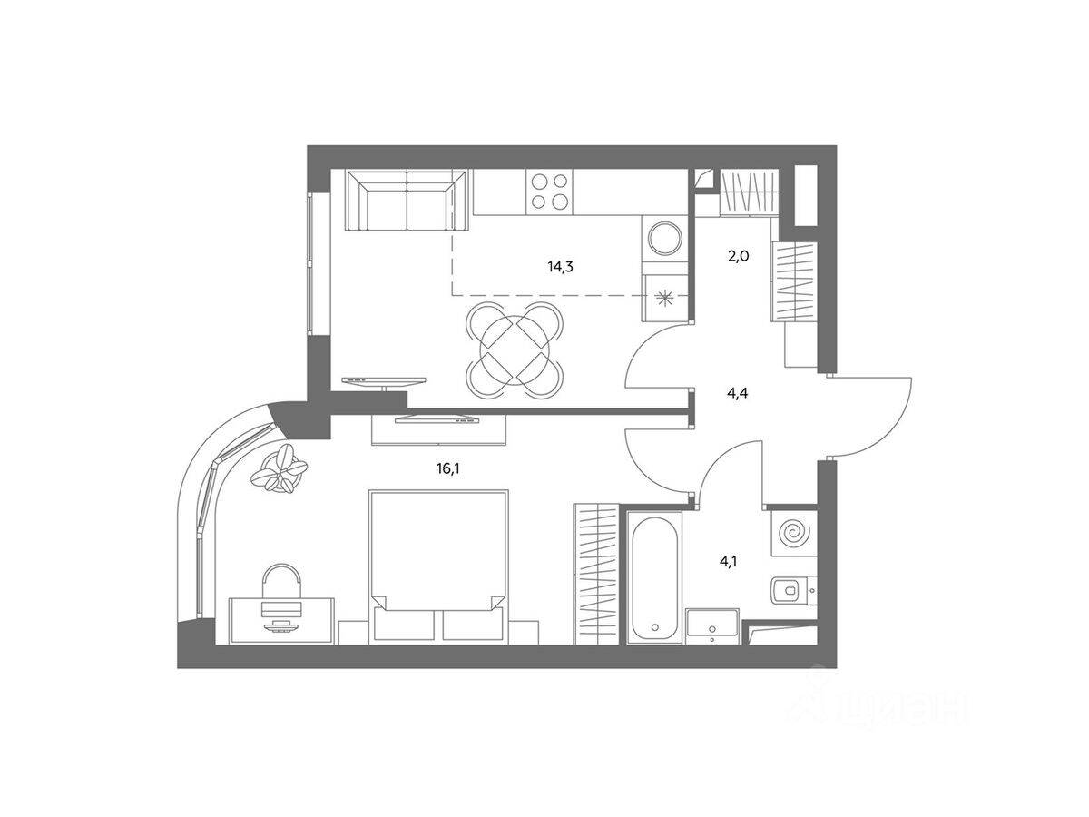 1-комн. квартира, 40,9 м², в ЖК Адмирал