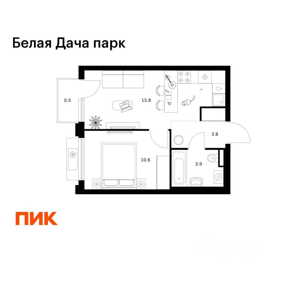 1-комн. квартира, 34,6 м², в ЖК «Белая Дача парк»