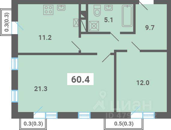 2-комн. квартира, 60,4 м², в Малоэтажный ЖК «Южная Долина»